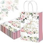 JarThenaAMCS 24Pcs Fall Pumpkin Thank You Gift Bags with Handle Pink White Rose Flowers Paper Bags Autumn Floral Treat Goodie Bag for Thanksgiving Wedding Baby Shower Party Favor