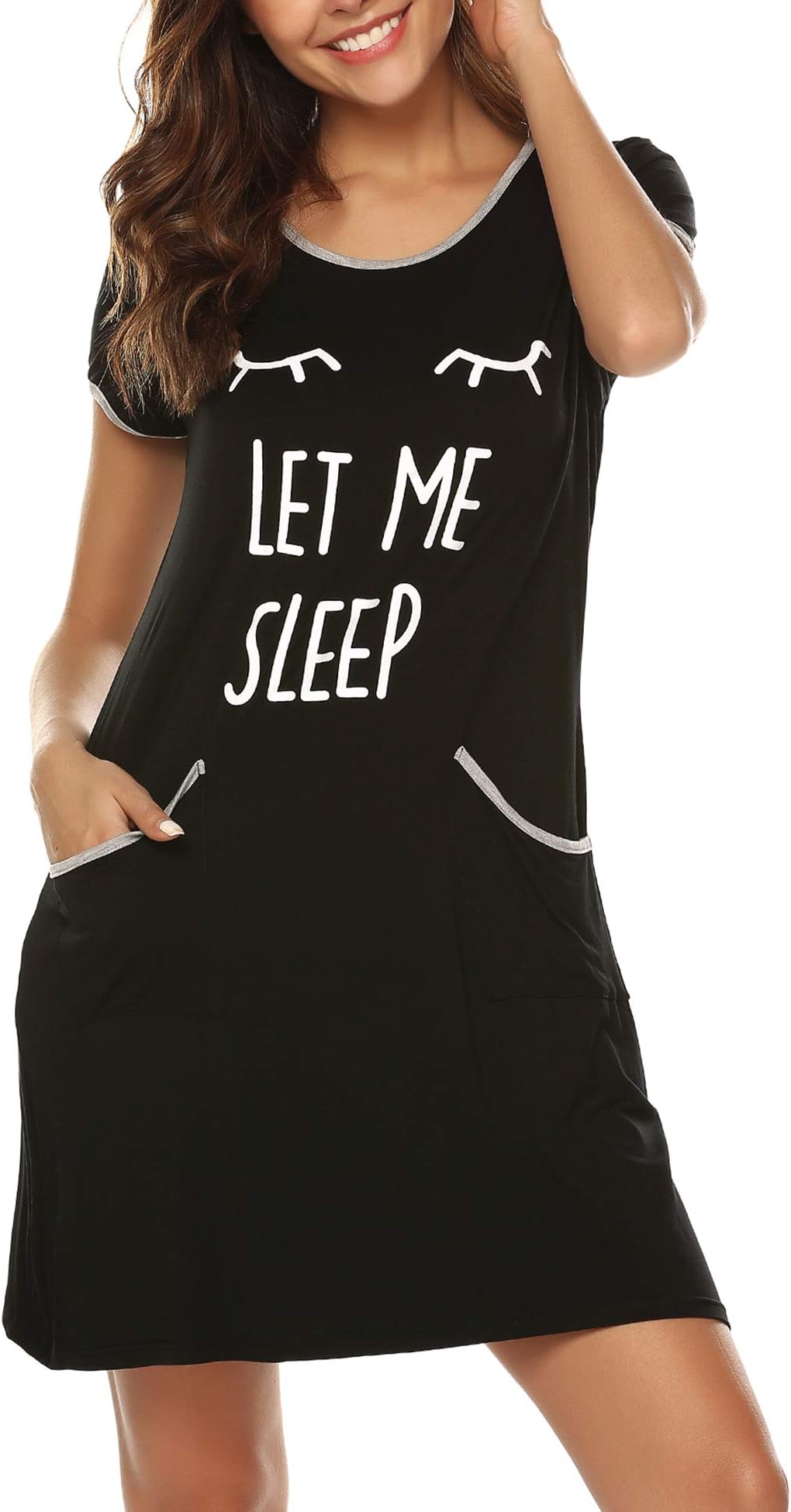 BESDEL Women's Sleepwear Modal Nightgown O-Neck Short Sleeve Printed Nightshirt with Pockets S-XXL
