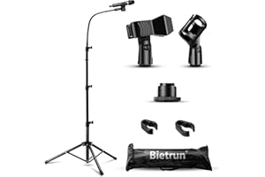 Mic Stand, Bietrun Metal Gooseneck Boom Arm Mic Stand Tripod, Height＆360° Adjustable, with Carrying Bag & 2 Mic Clips,Compatible with Wireless Mic＆Wired Mics for Singing/Wedding/Church/Stage/Party