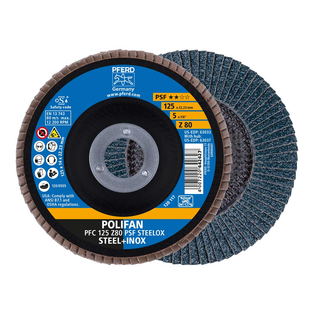PFERD Polifan 69398194 Serrated Washer Pack of 5 | Diameter 125 mm Z 80 Conical PSF Steelox | for Steel and Stainless Steel (INOX) — image 1