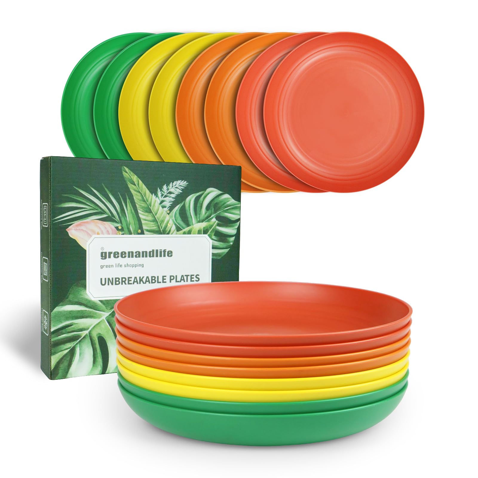 greenandlife 8 Pcs Dinner Plates, 10 inch Plastic Reusable Plates, Dishwasher & Microwave Safe PP Plates, Lightweight & Unbreakable, BPA Free and Healthy 25cm