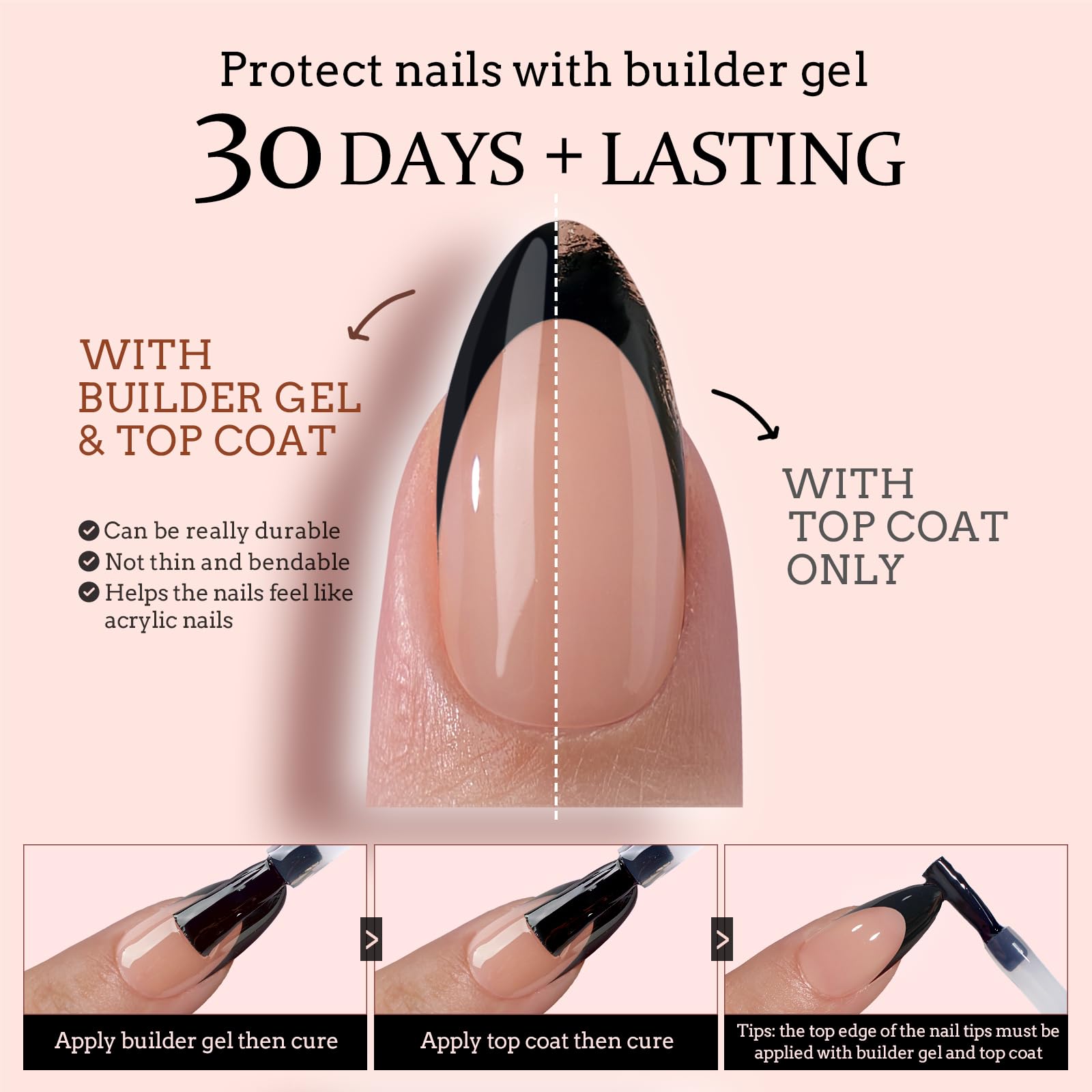 btartboxnails Press On Nails Long - 3 In 1 Black French Tips X-coat Tips, Halloween Nude Soft Gel Stiletto Nail Soak Off Acrylic Fake Glue 15 Sizes 150 Extension Set - Image 4