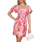 Ladyful Women's Jacquard Mini Dress Floral Short Puff Sleeve Square Neck Bodycon A-line Party Short Dress