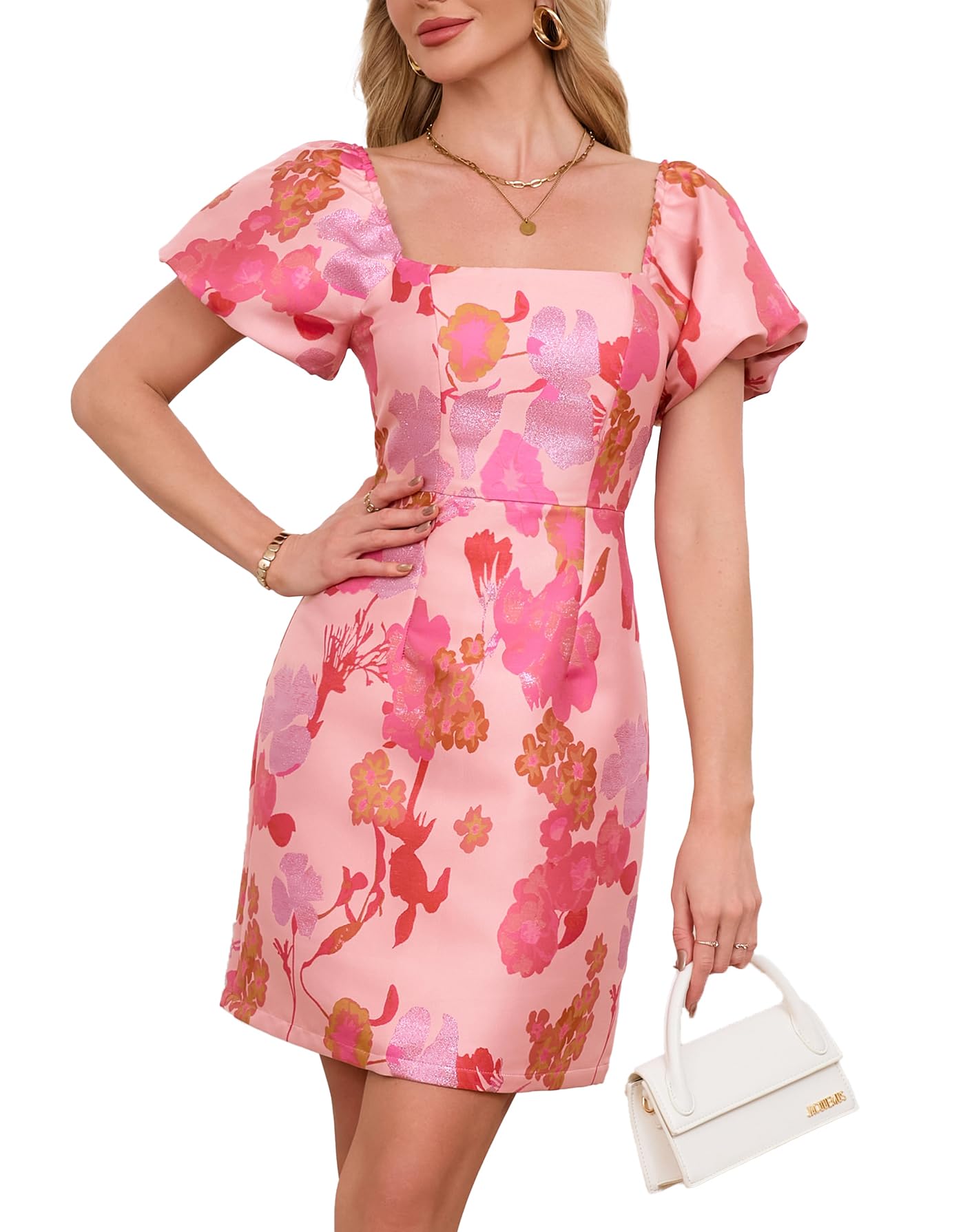 Photo 1 of Ladyful Women's Jacquard Mini Dress Floral Short Puff Sleeve Square Neck Bodycon A-line Party Short Dress Pink