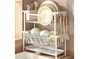 HABITLLO 2-Tier Dish Drying Rack, Drying Rack Kitchen with Drainboard, Large Capacity Dish Drainer Organizer Shelf with Utens
