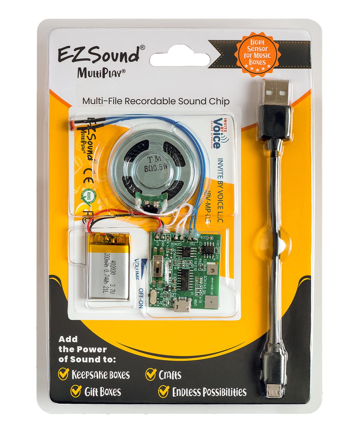 EZSound MultiPlay Light Activated Recordable Sound Chip | Records and Plays Multiple Songs and Messages | Create Recordable Custom Music Box | Light MP3 Music Sensor for Crafts, Hobbies, and Keepsakes