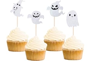 Gexolenu 24 Pcs Ghost Cupcake Toppers Double-Sided Whiht Glitter Spooky Halloween Cupcake Picks for Halloween Theme Baby Shower Kids Birthday Party Cake Decorations Favors
