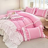 UGEYAO Pink Ruffle Duvet Cover Twin Washed Microfiber Farmhouse Shabby Boho Chic Bedding Comforter Quilt Cover 2 Pieces Vintage Aesthetic French Country Twin Bed Set Extra Soft Breathable