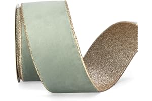 Ribbli Sage Velvet Wired Ribbon 2.5 Inch Sage Velvet with Champagne Glitter Christmas Ribbon for Christmas Tree Decoration Big Bow Gift Wrapping Crafts Wreaths Supplies- 10 Yards