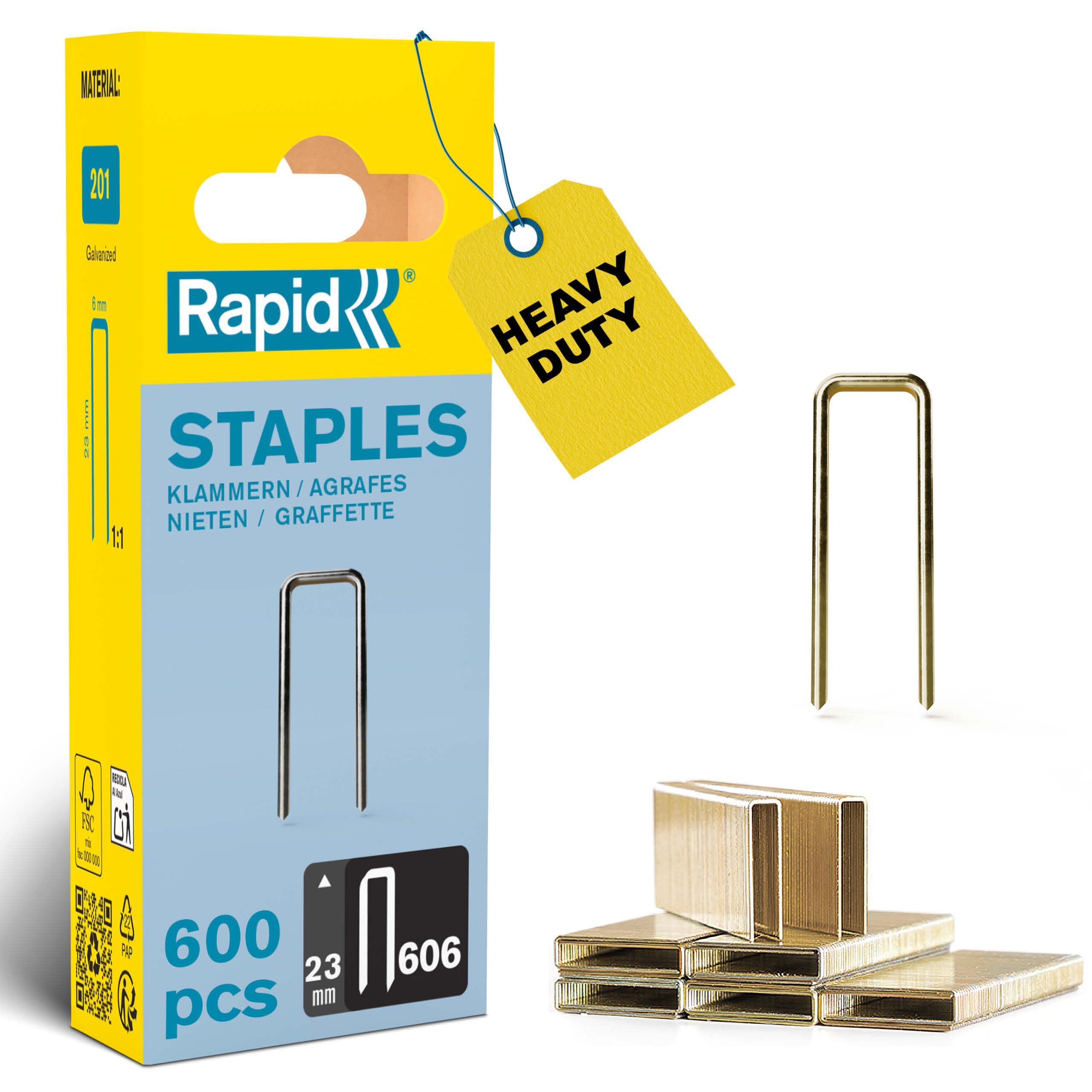 Rapid High-Performance Staples for Dense Materials, Narrow Crown No. 606, Leg Length 23mm, Staple Gun Staples, Resin-Coated Galvanised Steel, 600 Pieces, Narrow Blister (40109530)