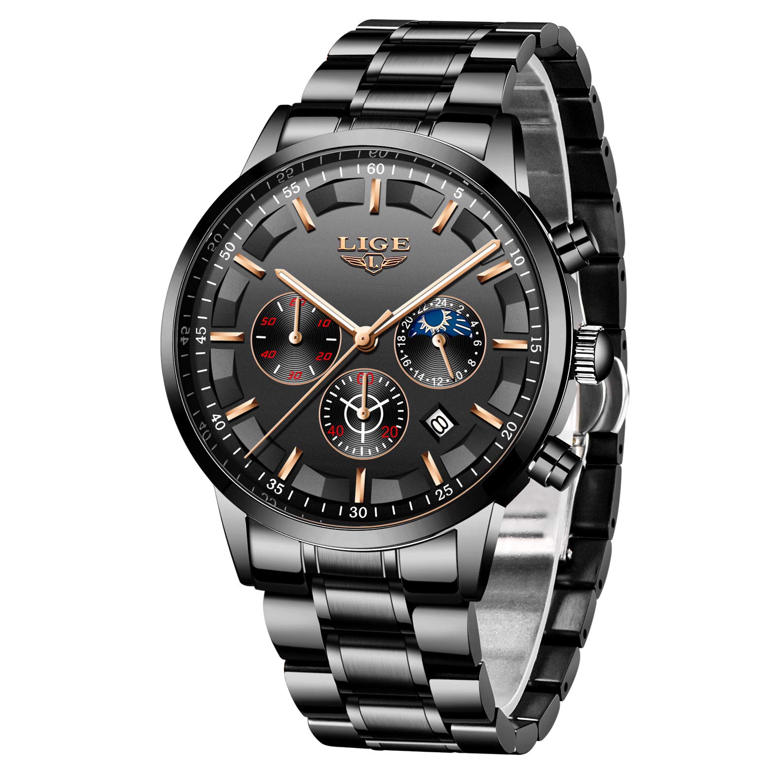 LIGE Mens Watch Waterproof Stainless Steel Analog Quartz Sports Fashion Business Chronograph Date Black Dial Wrist Watch