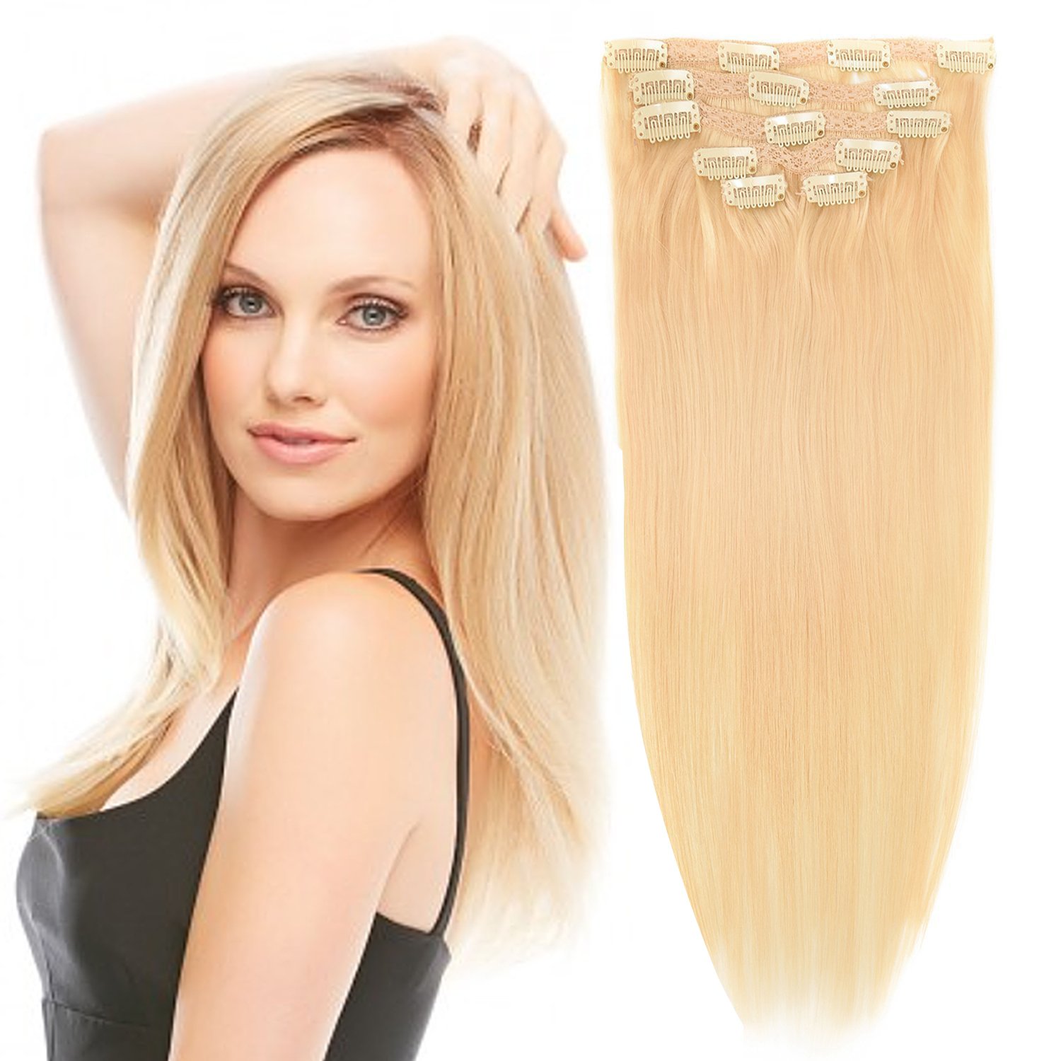 14"Remy Human Hair Clip in Extensions for Women Thick to Ends Bleach Blonde(613