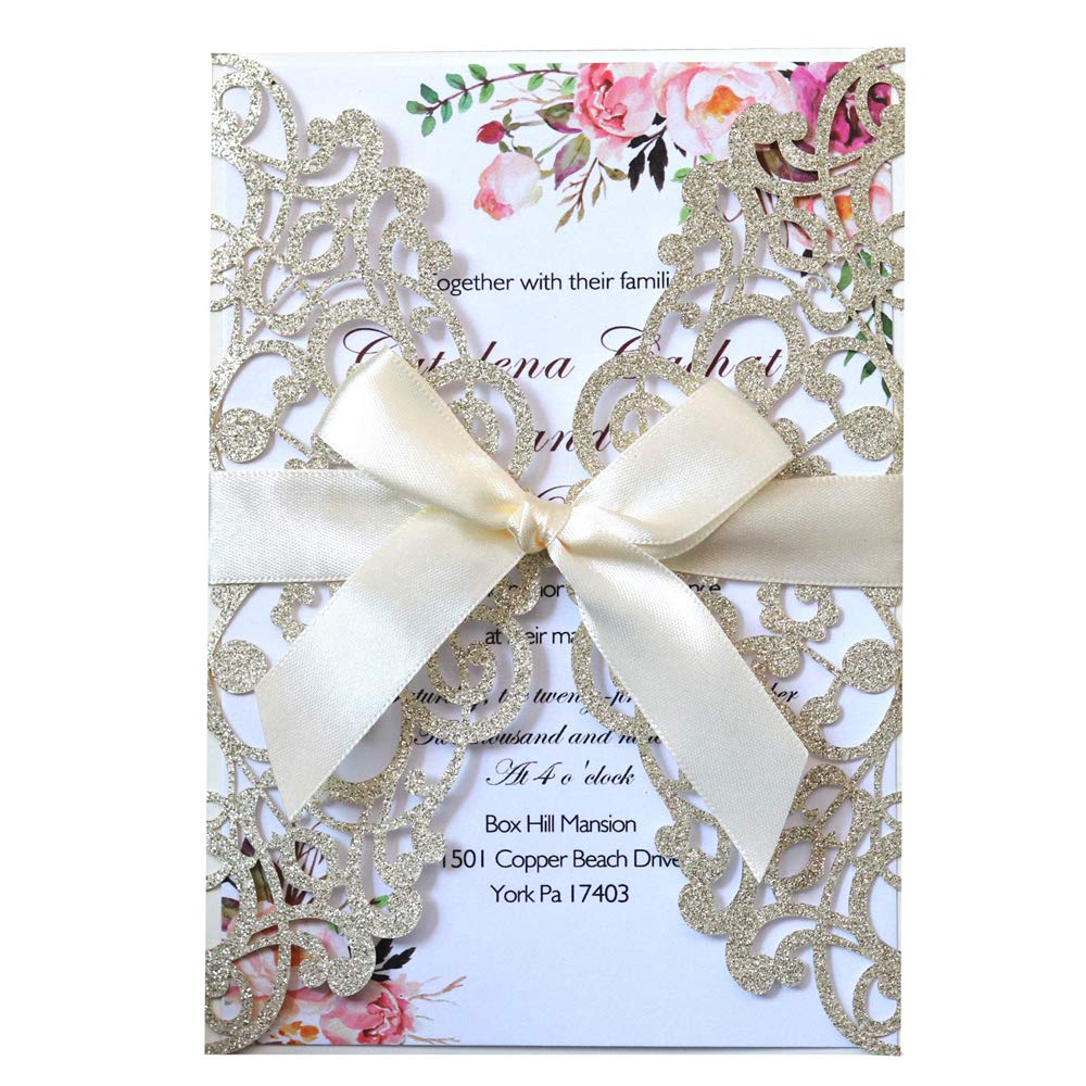 Jofanza 20PCS Laser Cut Wedding Invitations Cards with Envelopes and Ribbons 5X7.2 Inch Blank Quinceanera Invitation for Engagement Bridal Shower Party Invites (Champagne Glitter)