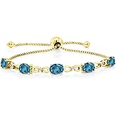 Gem Stone King 7X5MM Oval Cut Gemstone Birthstone and Accent Lab Grown Diamond Tennis Bracelet For Women In 18K Yellow Gold Plated Silver | Adjustable Bolo Bracelet For Women | Easy-On Easy-Off