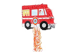 BLUE PANDA Pull String Fire Truck Pinata - Kids Ribbon Reveal & Pinata Pull String - Firefighter Party Decor & Firetruck Birt