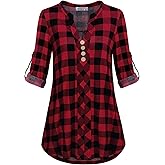 MOQIVGI Womens Roll Tab Sleeve V Neck Plaid Shirts Trendy Casual Checkered Blouse Tops