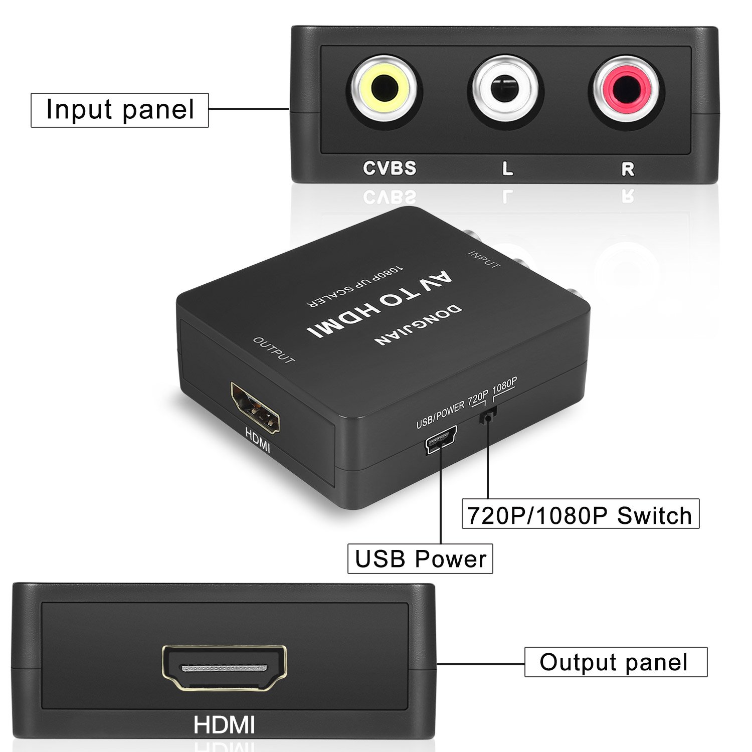 DONGJIAN RCA Composite CVBS AV to HDMI Video Audio Converter Adapter with USB Charge Cable Support 1080P for PC Laptop Xbox PS4 PS3 TV STB VHS VCR Camera DVD