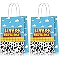 16 Pcs Cartoon Story Birthday Party Favor Bags, Cow Pattern Birthday Goodie Treat Bags Party Supplies, Blue Sky White Cloud Kraft Paper Candy Gift Bags with Handle for Kids Birthday Party Decorations