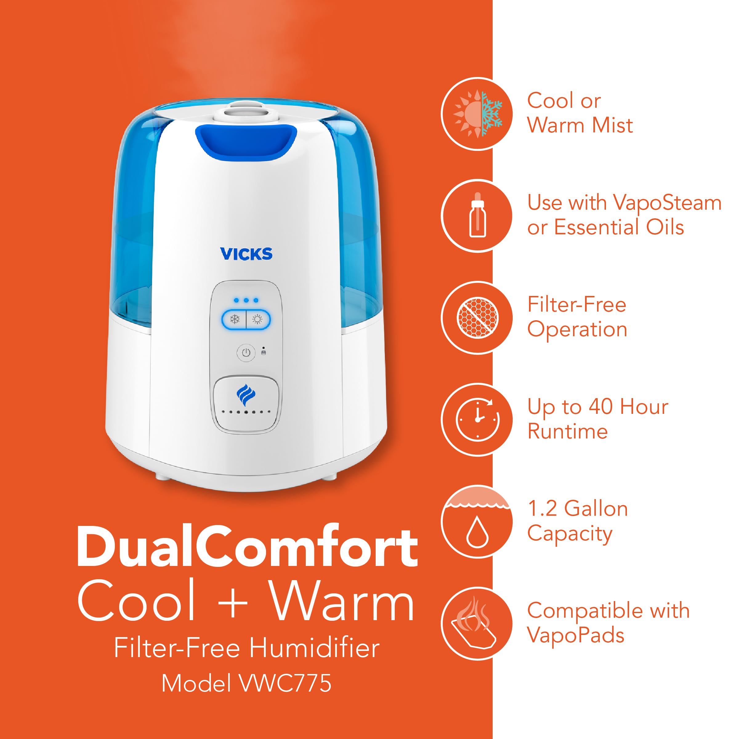 Vicks Dual Comfort Cool + Warm Mist Humidifier for Bedrooms With Fusion Technology, Compatible with Vicks VapoPads and Vicks VapoSteam, White