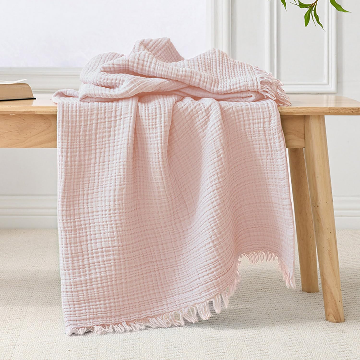 Esterra Premium Cotton Muslin Throw Blanket Cozy Breathable, All Season 4-Layer Lightweight Gauze, Pre-Washed Supersoft Throw Blanket for Bed Sofa Couch (Light Pink 50x65 Inches)