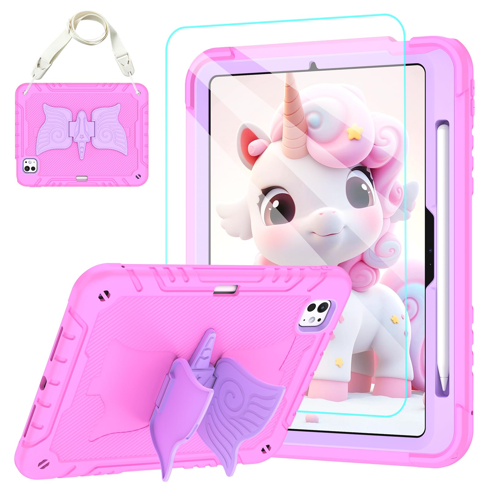 Photo 1 of TOMORRY for iPad Pro 11 Inch Case 2024 (M4,5th Gen) with Tempered Glass Screen Protector,Unicorn Stand,Pencil Holder Shoulder Strap,Shockproof Protective for iPad 5th Generation Case Kids (Pink)