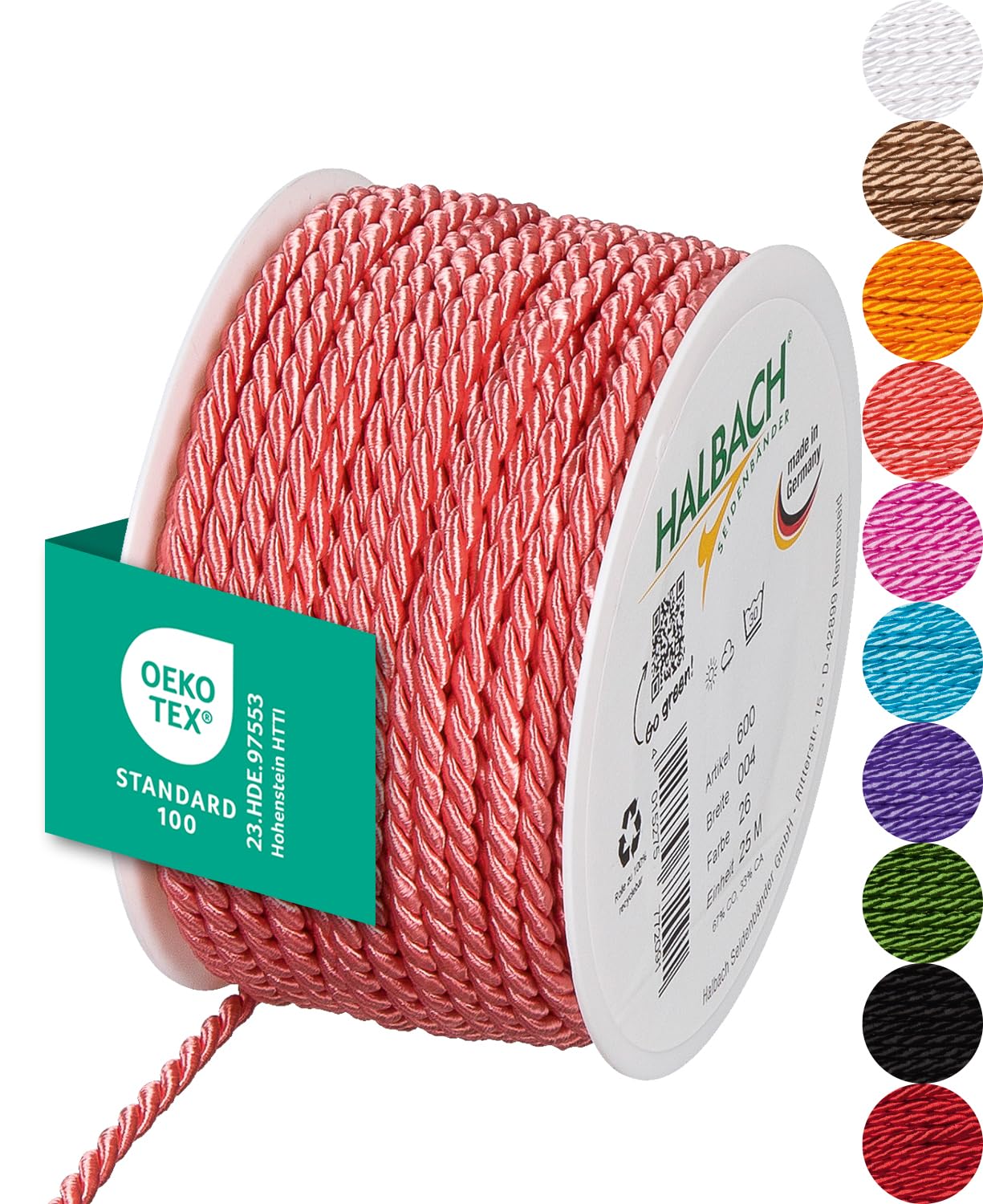 Halbach Seidenbänder Premium Cord (Flamingo) | Width 4 mm Length 25 m | Made in Germany & Oeko-Tex Certified | Shiny Satin Cord Made of Acetate