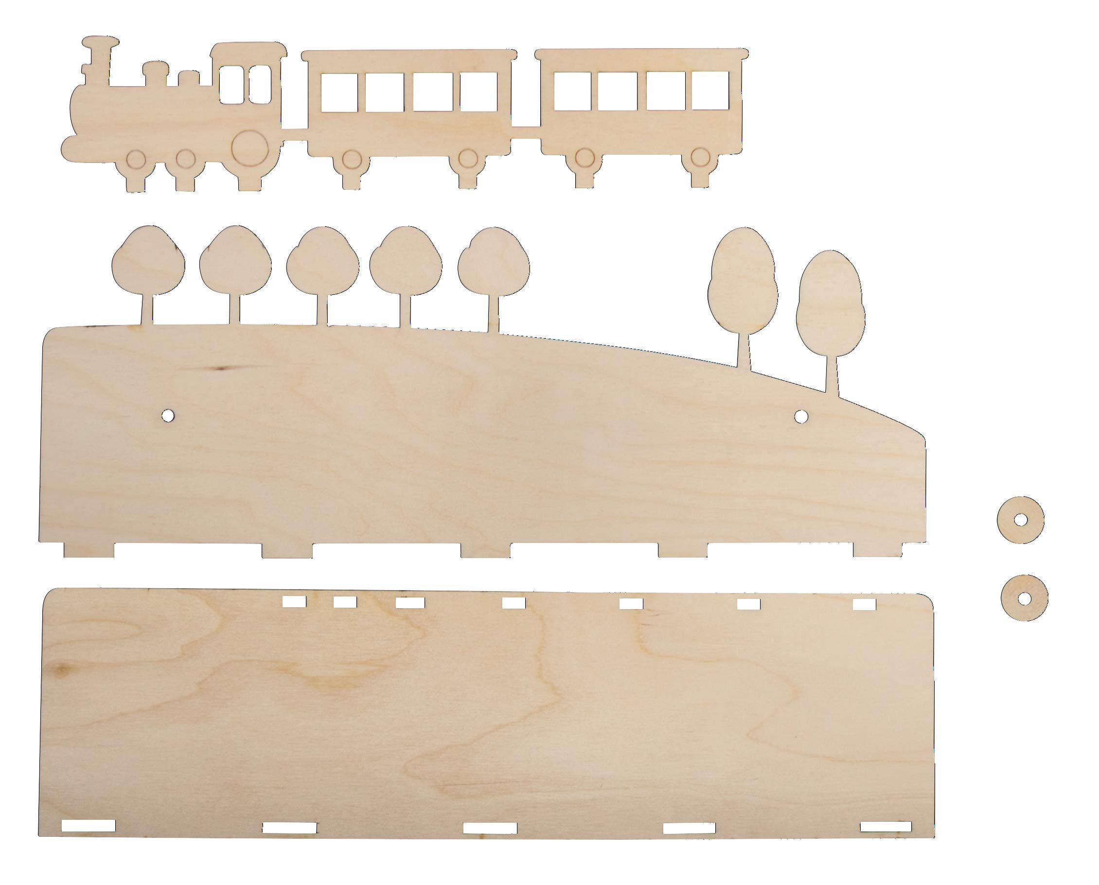 Rayher 62976505 Wood Shelf Construction Kit with Interlocking Parts, Train-Shaped Kid's Wooden Shelf, 5 slot-together Pieces, 35x14x10 cm