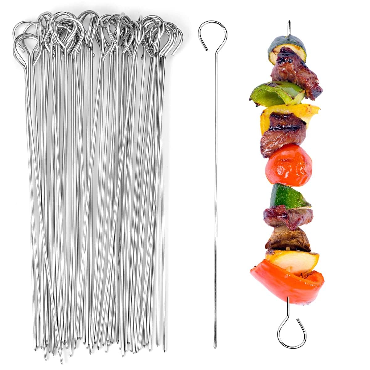 Kebab 50 Pieces Stainless Steel Skewers, 20cm Reusable Shish Kabob, Long BBQ Barbecue, Air Fryer, Metal for Meat, Vegetables, Fruits