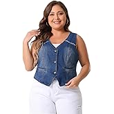 Agnes Orinda Women's Plus Size Denim Vest Sleeveless V Neck Washed Distressed Waistcoat Vests Jean Jackets