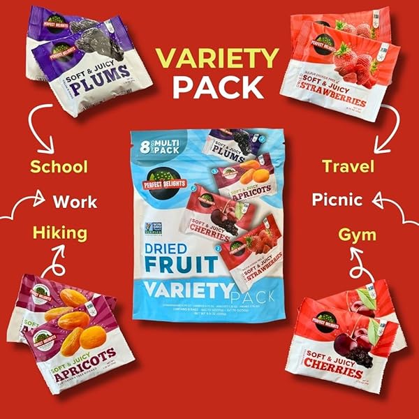 PERFECT DELIGHTS MULTIPACK SUN-DRIED FRUITS, VEGAN, HEALTHY SNACK PACKS, DRIED FRUITS ON-THE-GO, VARIETY FRUIT PACK FOR KIDS & ADULTS, APRICOTS, PLUMS, SOUR CHERRIES, STRAWBERRIES (8 PACK/ 2 OF EACH)