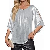 Yousify Womens 3/4 Sleeve Tops Trendy Glitter Sparkly Pleated Blouse Casual Party Crewneck Loose Fit Shirts