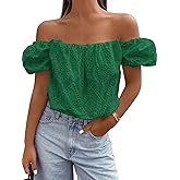 PRETTYGARDEN Women's Summer Off The Shoulder Tops 2026 Dressy Casual Puff Short Sleeve Embroidered Eyelet Cute Blouse Shirts