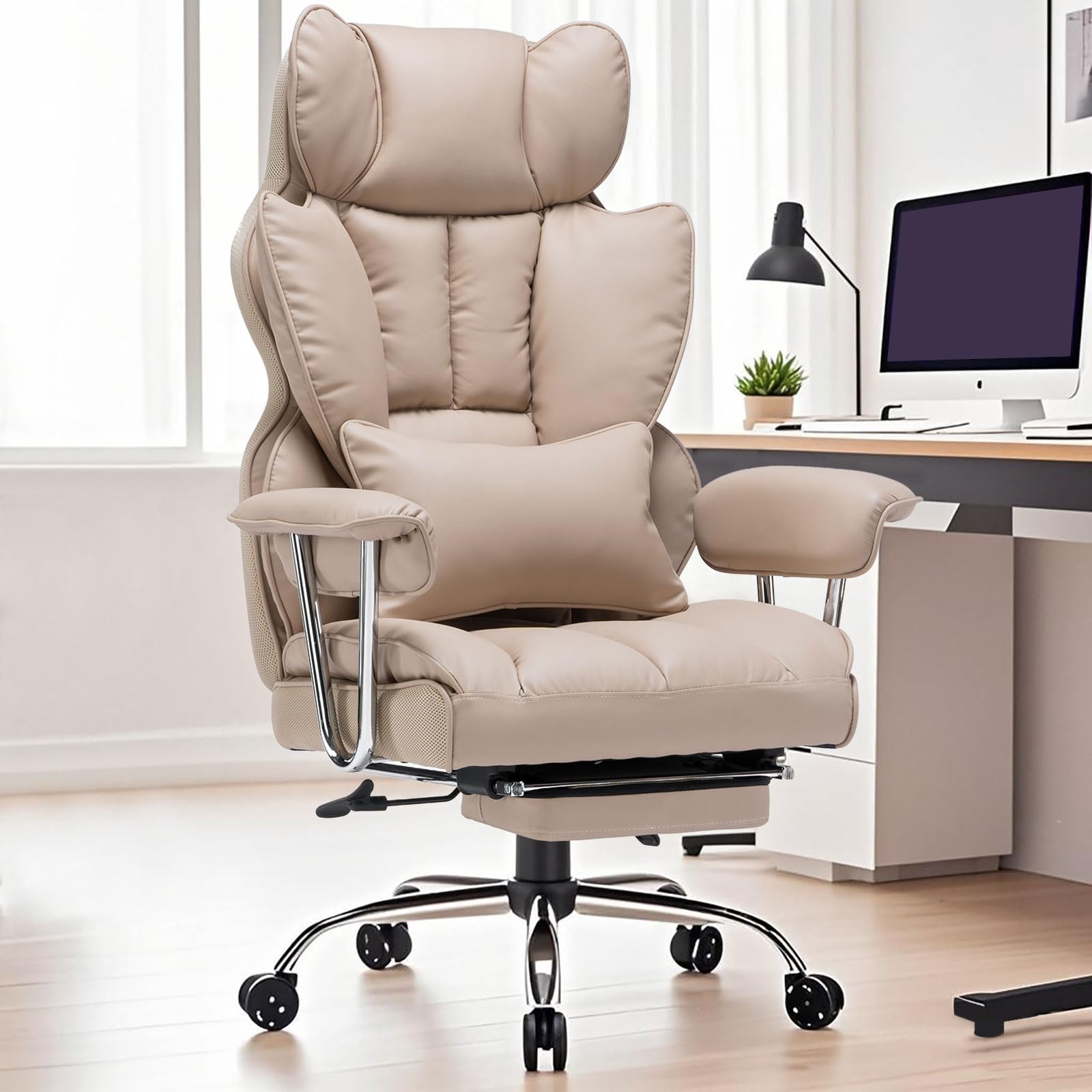 Photo 1 of **SELLING FOR PARTS. PARTIAL SET. WHEELS PIECE ONLY**Efomao Big and Tall Office Chair 400lbs – PU Leather Executive Office Chair with Lumbar Support & Leg Rest, Heavy-Duty Computer Chair for Home Office, Dark Beige by boahaus