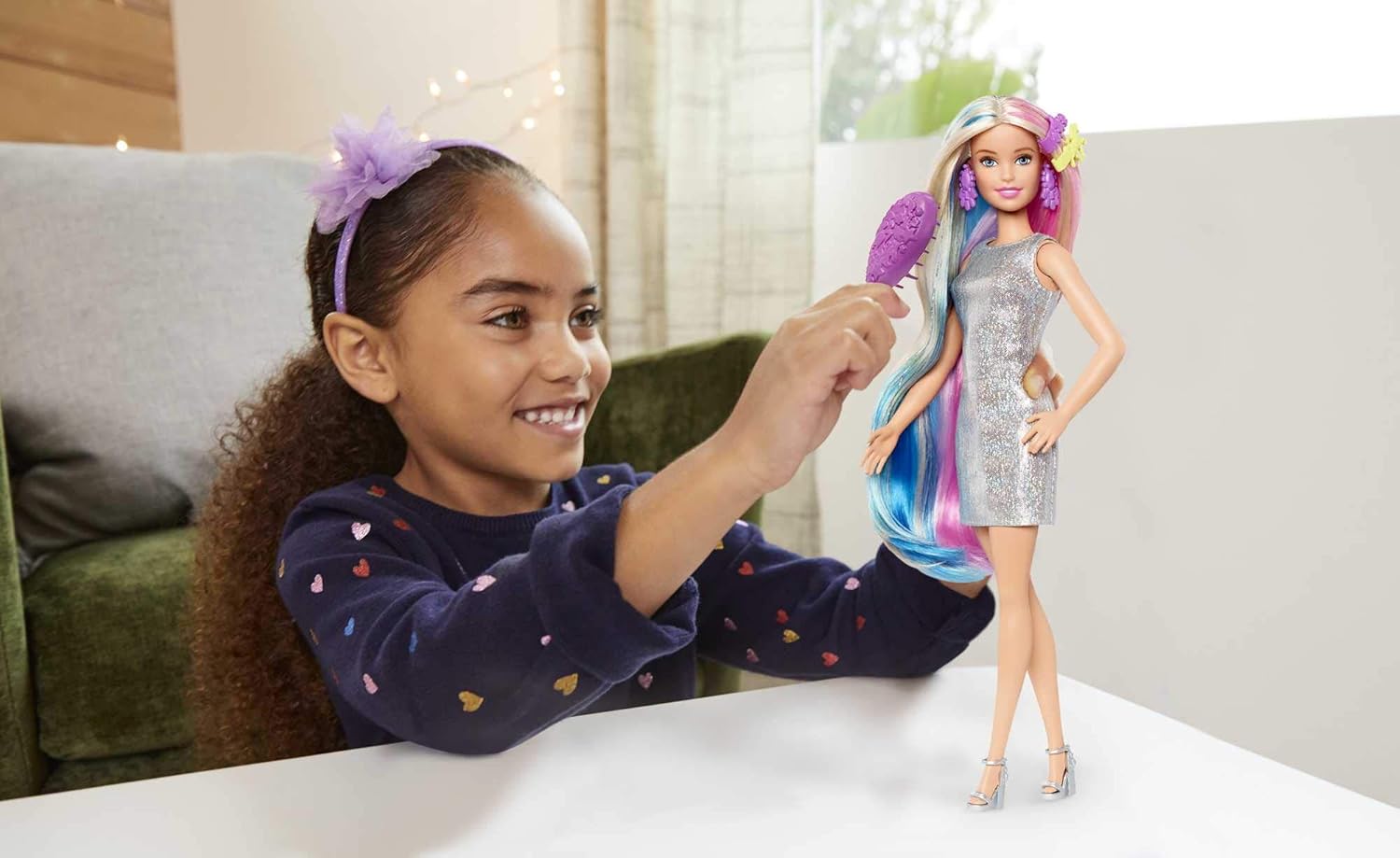 Barbie Fantasy Hair Doll with Colourful Blonde Hair, Unicorn Hair Crown and Mermaid Hair Crown, Doll Accessories - Image 3