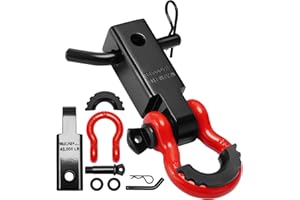FSUON Shackle Hitch Receiver Set 2", with 3/4" D Ring Shackle and 5/8" Screw Pin, 45000 Lbs Maximum Break Strength, for Vehicle Recovery (Black, Red)