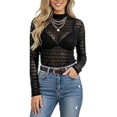 BemorRun Lace Long Sleeve Tops for Women Mock Neck Mesh Top See Through Tops Fitted Layering Top