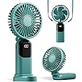GOCKERA Portable Fan, 4200mAh Battery Operated Fan, 5 Speeds&Digital Display, Makeup Fans for Women with Base, 180°Foldable 3in1 Handheld/Neck/Desk Fan for Outdoor Indoor,Ultra Quiet (Green)