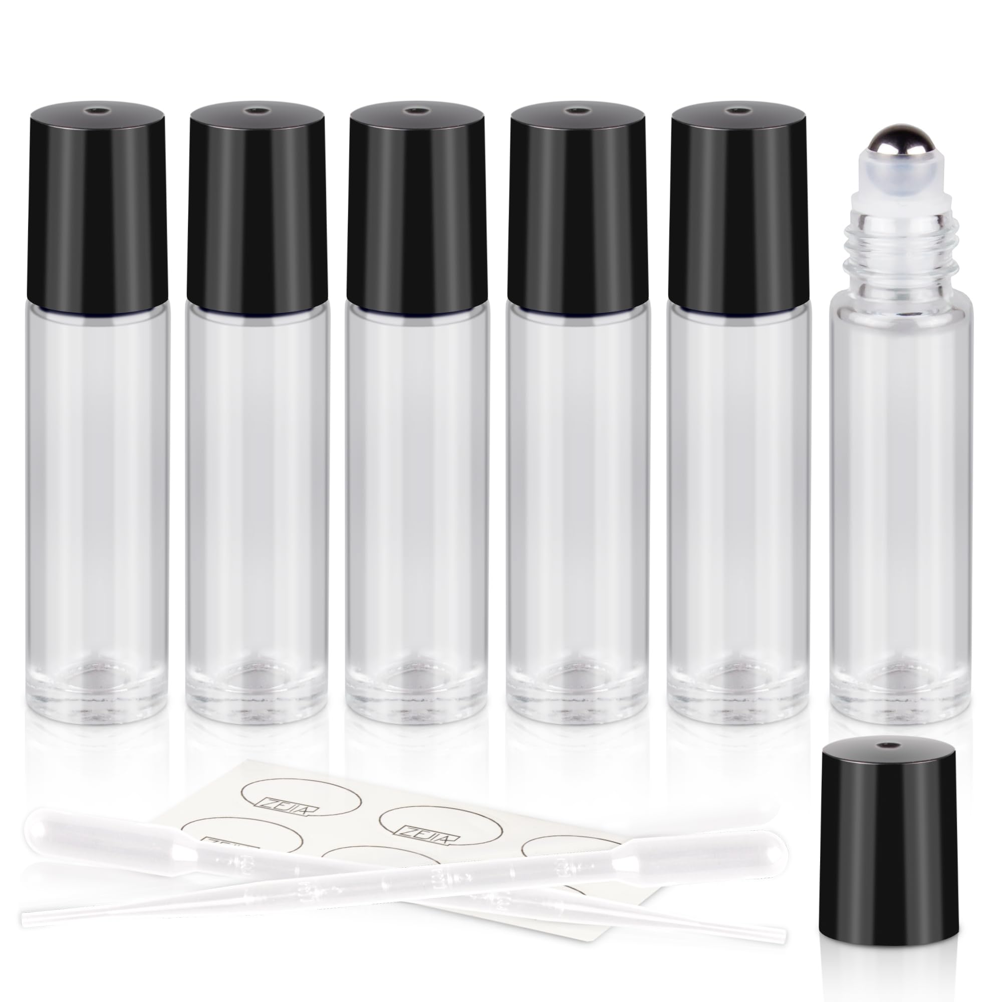 ZEJIA 10ml Roller Bottles 6Pack Clear Thick Glass Essential Oil Bottles with Stainless Steel Roller Ball and 2 Droppers