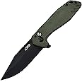 CJRB CUTLERY Folding Knife Riff (J1928) Button Lock Pocket Knife for Men Black PVD AR-RPM9 Steel Blade and Green Micarta Handle for Work Outdoor Hinking Camping