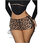 RoseSeek Women's Lace Up Rhinestone Leopard Shorts Elastic Low Waist Y2K Bodycon Mini Shorts Clubwear