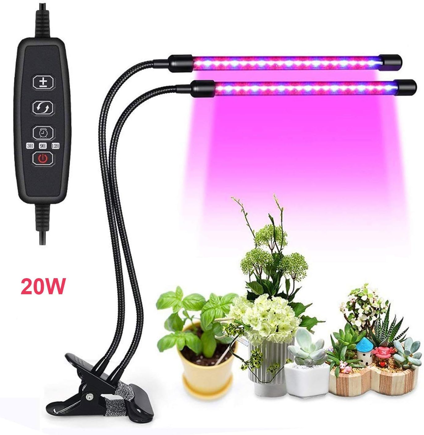 20W Led grow lights for indoor plants, 40LEDs Artificial Dual Head plant lamp, 3 Modes Timer(3H/6H/12H) for office/house/Gardening/Hydroponic/Aquatic growing plants,vegetable,Flower,Seedling