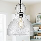 FookChak 10" Seeded Glass Pendant Lights Kitchen Island Black Pendant Ceiling Light with Hand-Blown Clear Glass Over Dining T