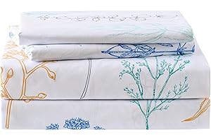 Yibeizi Floral Printed Sheet Set Queen, Boho Botanical Pattern Bed Sheets Microfiber Bedding Sheets & Pillowcases Soft 15" Extra Deep Pocket Fitted Bedsheet 4 Piece