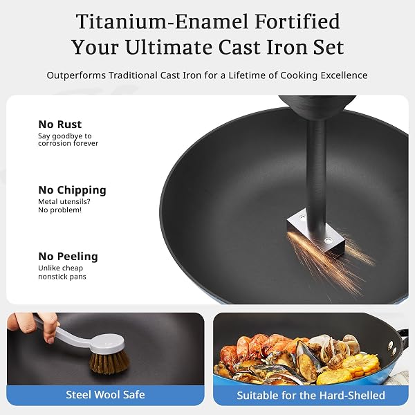 KITESSENSU ENAMELED CAST IRON SKILLETS – NON STICK FRYING PANS SET WITH DURABLE WOODEN HANDLE – 8&10&12 IN TITANIUM CAST IRON PANS FOR MULTI-COOKING – PRE SEASONED COOKWARE SET – GRADUAL COBALT BLUE