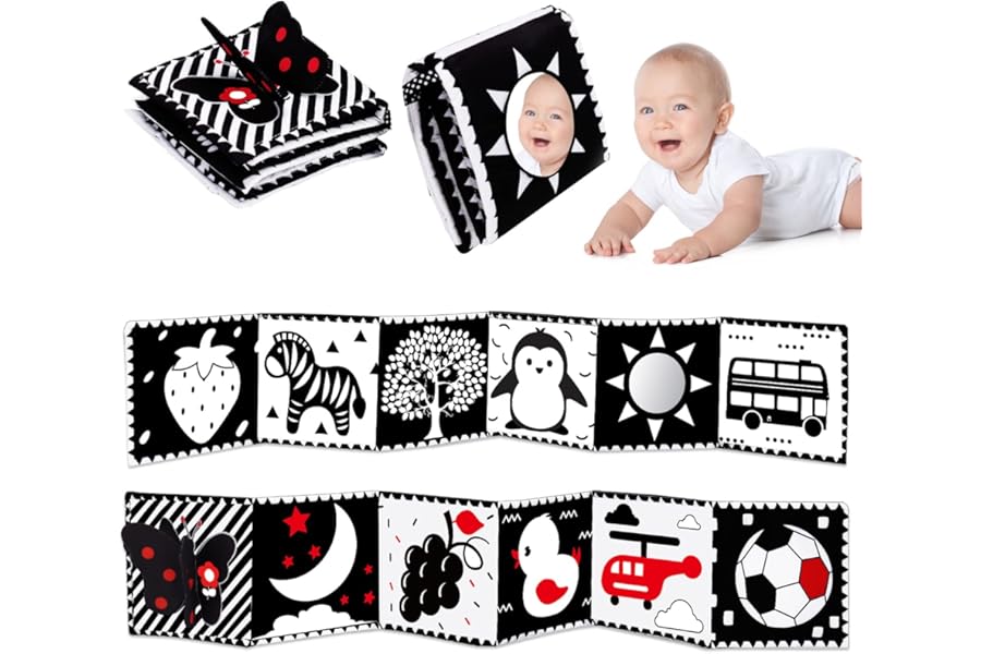 Black and White High Contrast Toys for Baby 0-3 3-6 months Infant Tummy Time Soft Crinkle Book Mirror Sensory Toys 0 2 4 5 6 Month Old Babies Boy Gril Newborn Development Christmas Stocking Stuffer