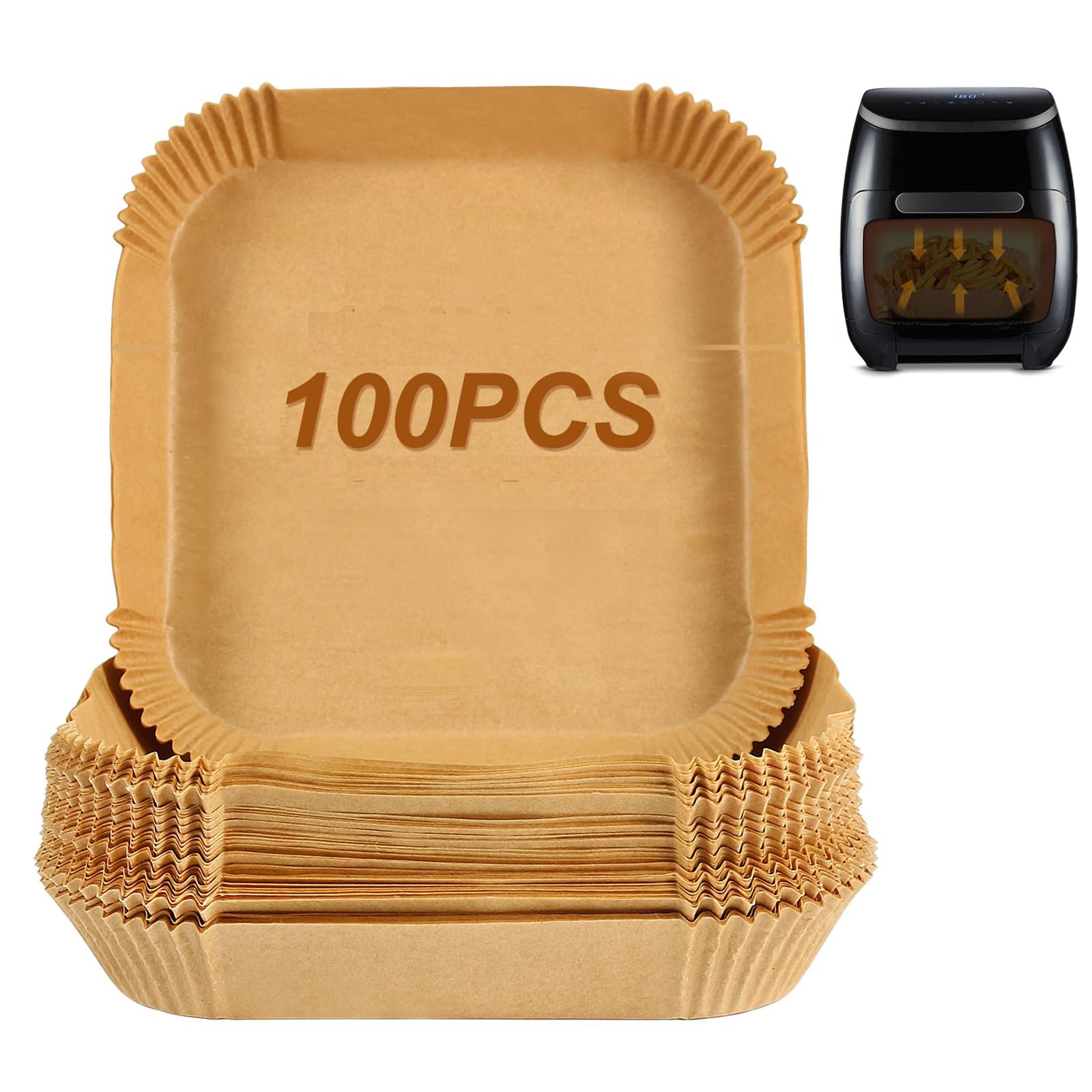 100 Pcs Air Fryer Liners Round, 6.3 inch Square Air Fryer Disposable Parchment Paper Liners, Non-Stick Baking Paper for Air Fryer