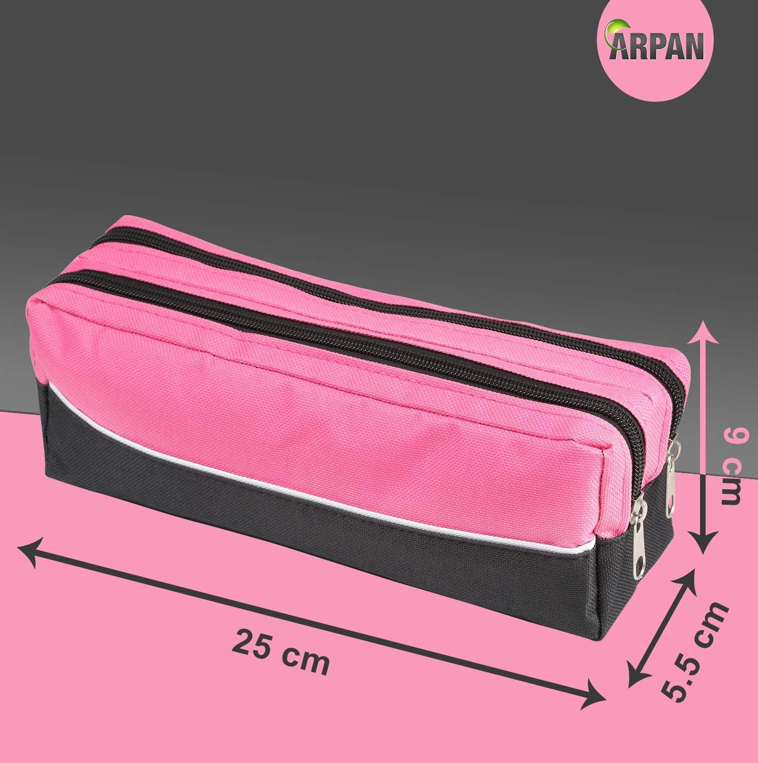 ARPAN X-Large Double Zip Fabric Pencil Case, Rectangular Pencil Case for School College, Art & Make-Up Storage, 25 x 8 x 5 cm (Pink) - Image 4