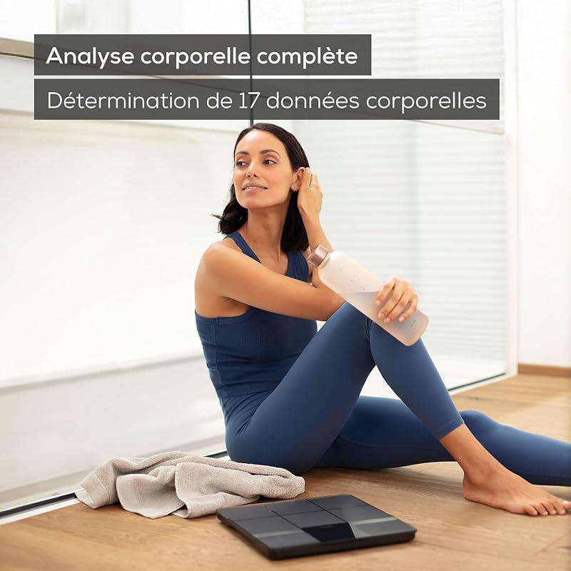 BF 450 Pèse-personne avec connexion à l'application via Bluetooth, balance impédancemètre numérique avec 17 valeurs mesurées, structure de carreaux mats, 8 mémoires utilisateur, 180 kg