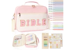 SIWARA Bible Cover Case for Women Bible Study Supplies Large Preppy Chenille Pink Leather Bible Carrying Tote Bag Letter Bible Case Christmas Christian Gifts for Women Girls (Pink, Large)