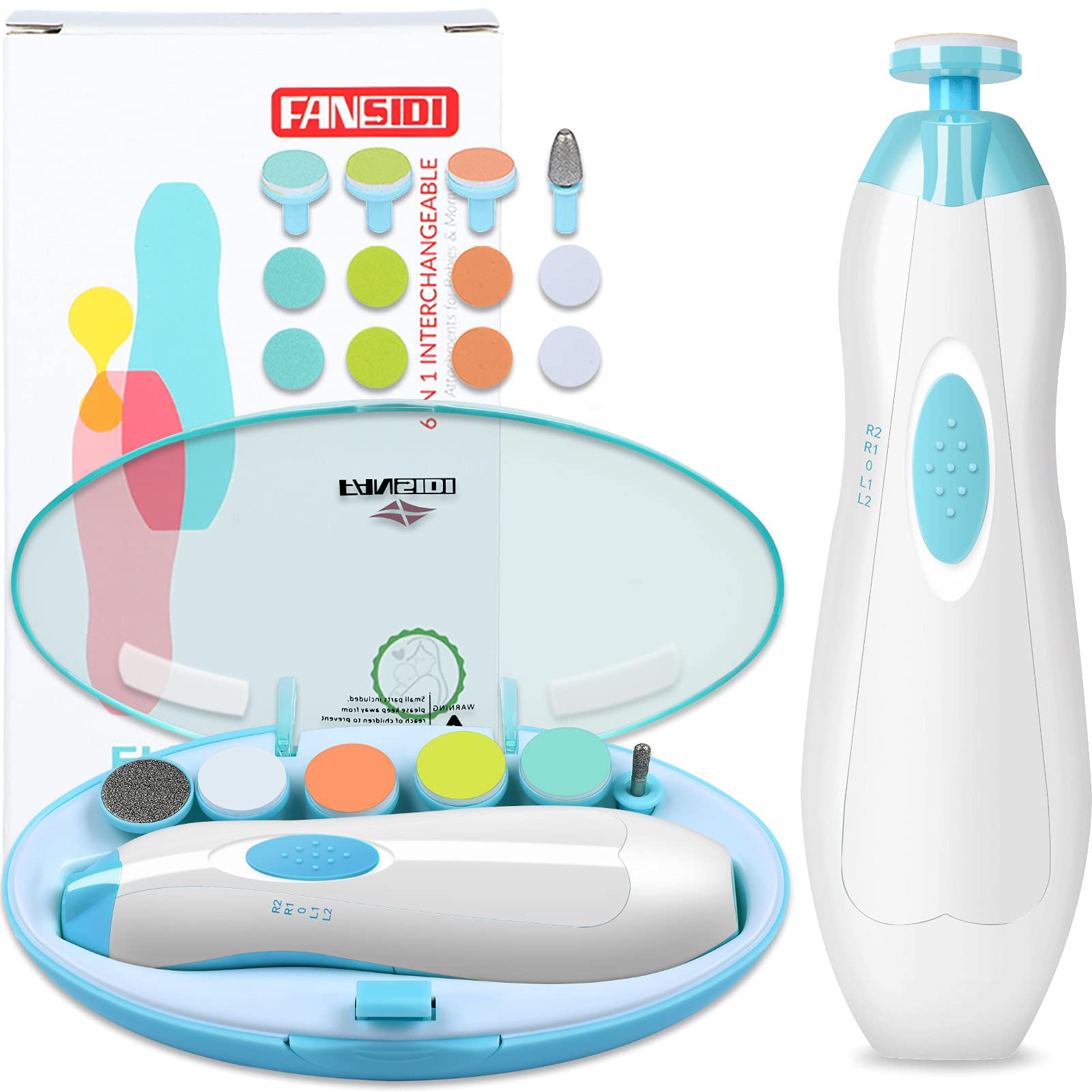 Photo 1 of Baby Nail Clippers, FANSIDI Safe Baby Nail Trimmer Baby Nail File Electric with 10 Filing Pads 8 Sandpapers for Newborn Infant Toddler or Adult Toes Fingernails Care - AA Battery Operated (White/Blue)